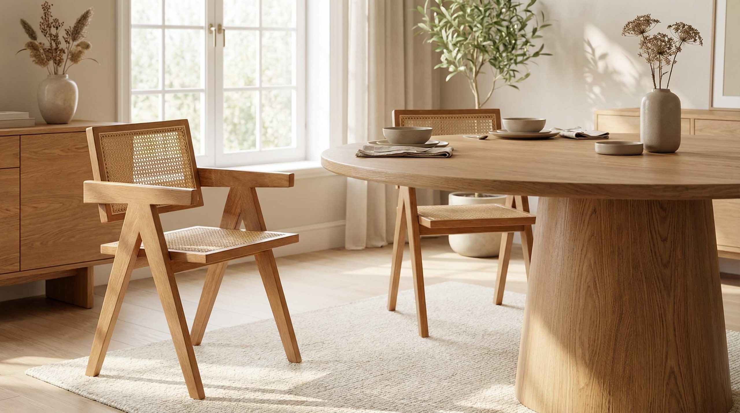 Skandinavisches Interior Design Massivholz in einem warmen, minimalistischen Raum mit hochwertiger Eiche und klaren Formen.