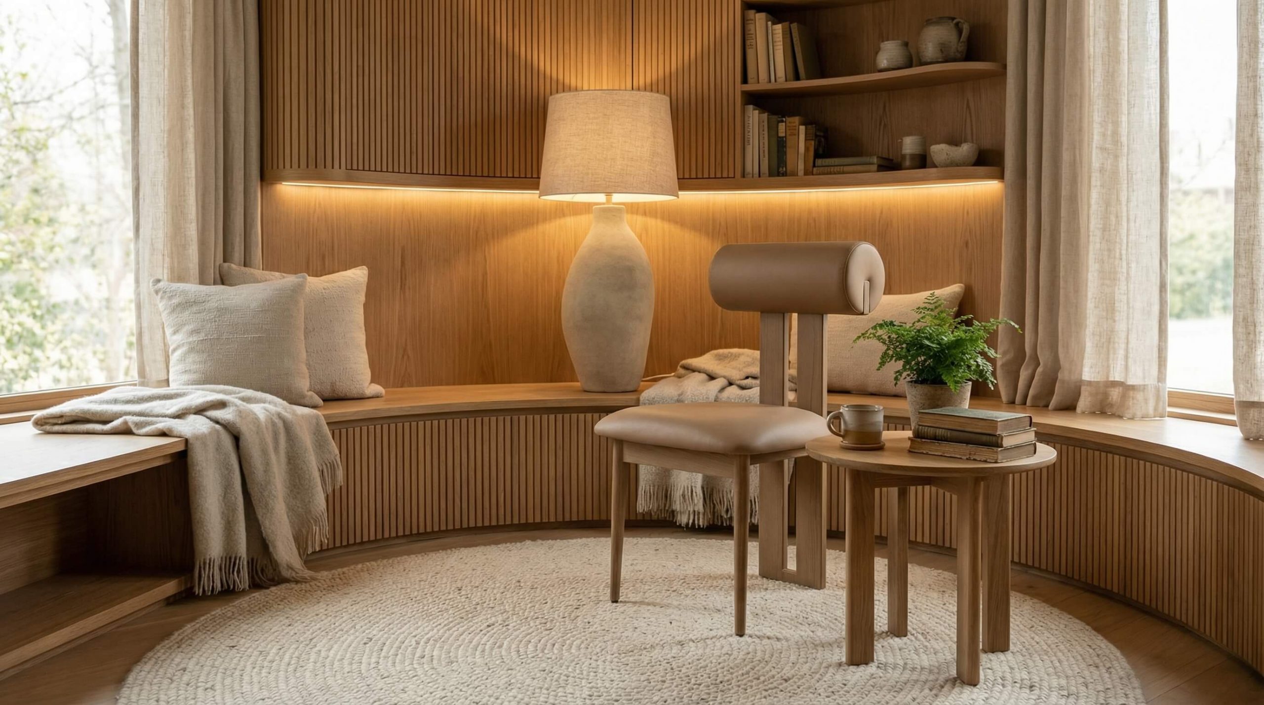 Moderne Leseecke mit skulptural geformtem Holzstuhl, warmem Licht und natürlicher Eichenästhetik.