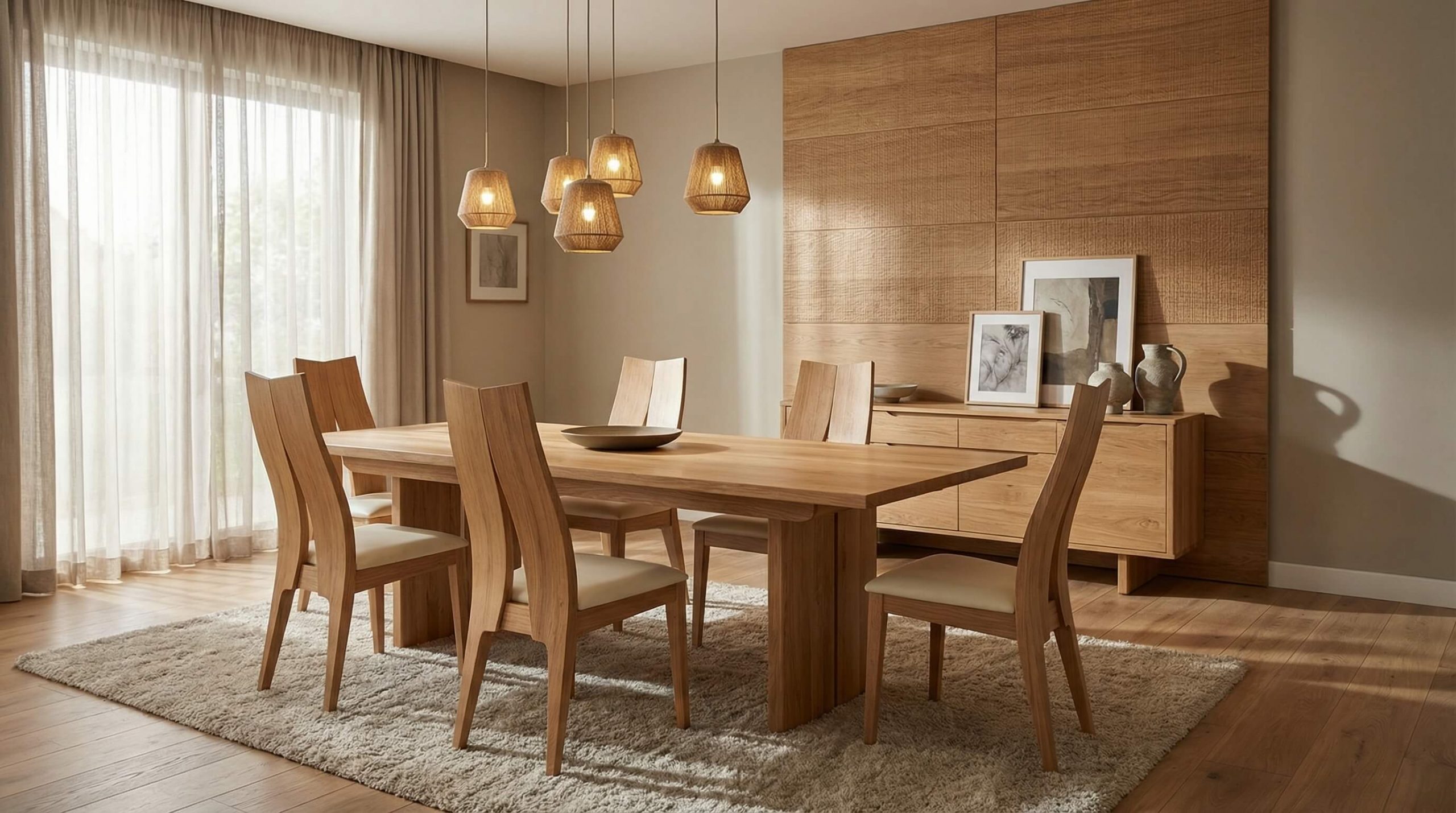 Elegante Massivholz Esszimmergestaltung Tipps dargestellt in einer modernen Designszene mit hochwertigem Eichenholz.