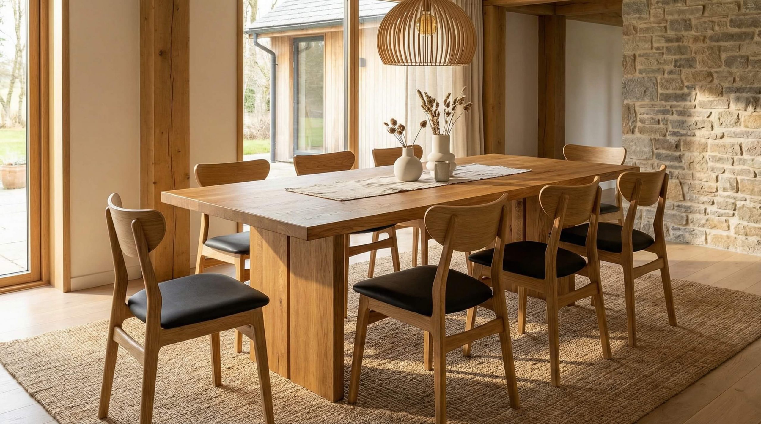 Warmer Essbereich mit massivem Eichentisch, natürlicher Maserung und weichem Tageslicht, kombiniert aus allen Referenzdetails.