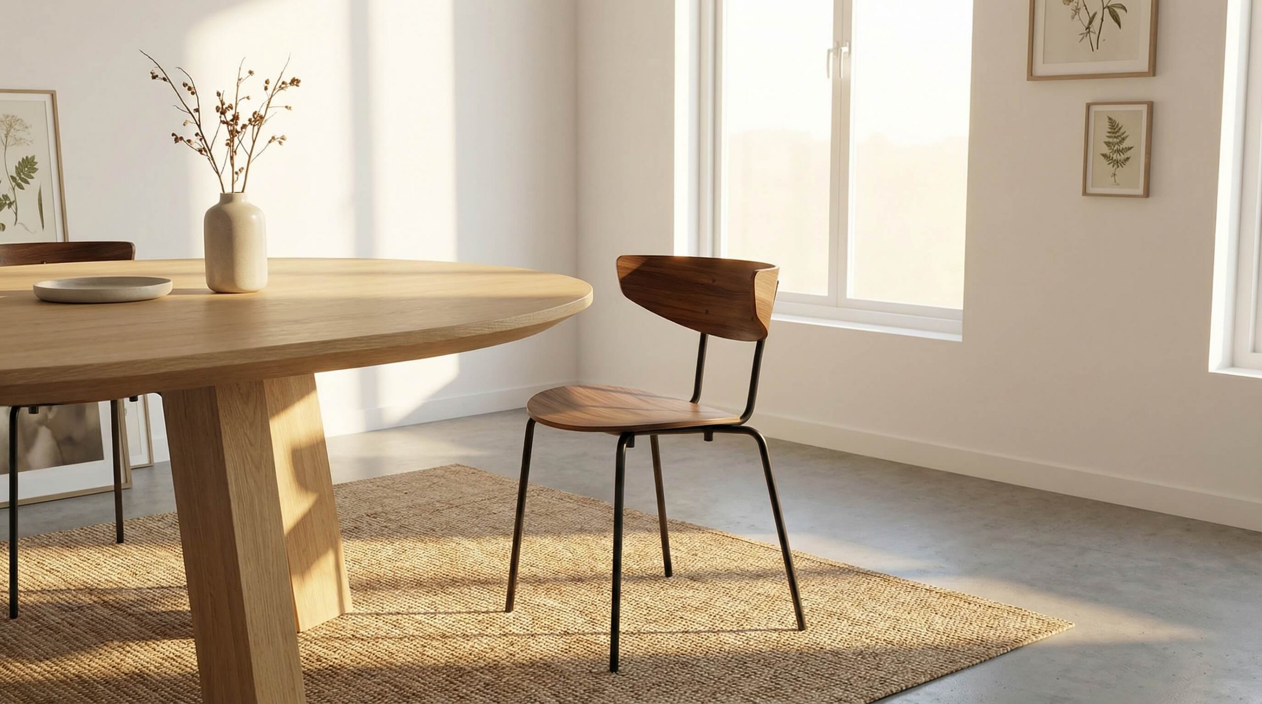 Heller Essbereich mit ergonomischem Eichenstuhl, der die Ergonomische Stuhlwahl gesundes Sitzen hervorhebt.