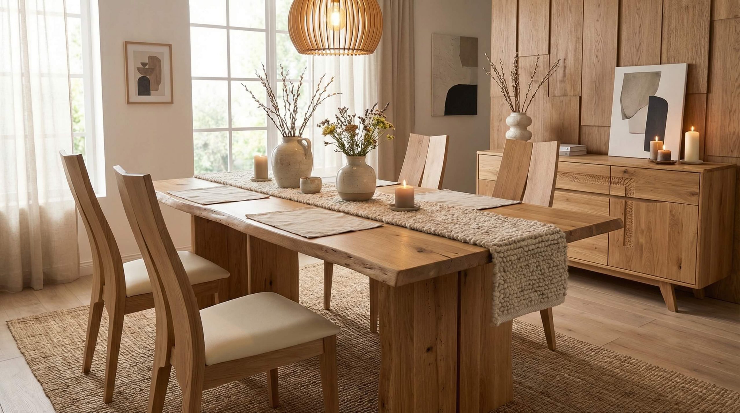 Hyperrealistisches Esszimmer aus Massivholz mit warmem Licht – perfekte Massivholz Esszimmergestaltung Tipps umgesetzt.