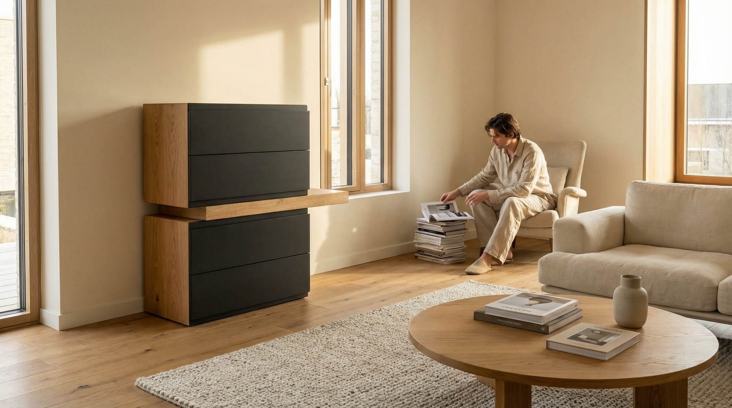 Modernes Wohnzimmer mit massiver Eiche-Linea Kommode für optimale Stauraumplanung Linea Kommode im weichen Licht.