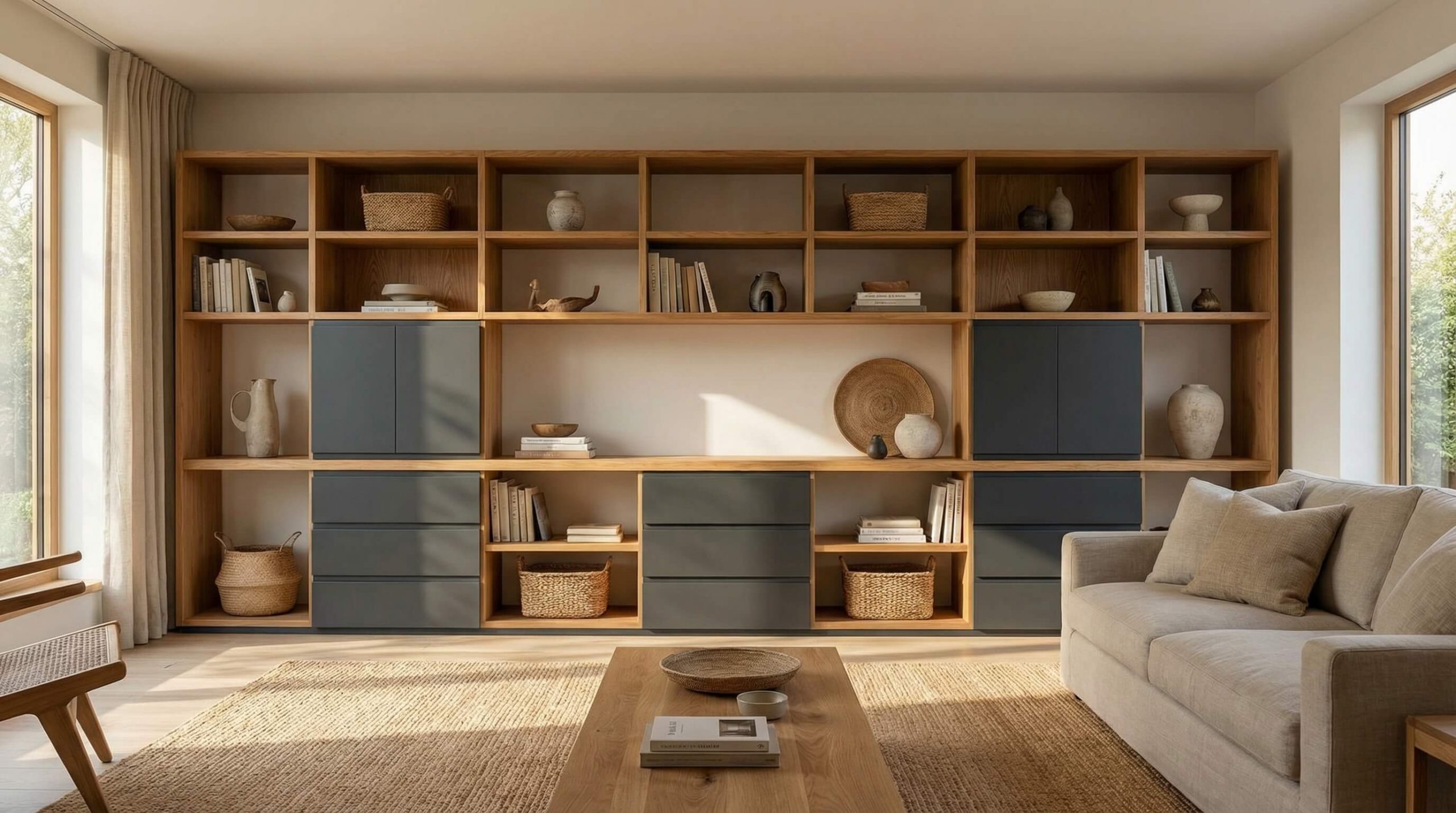 Helles Wohnzimmer mit maßgeplantem Eichenregal, harmonischer Aufteilung und natürlichem warmem Licht für stilvollen Stauraum.