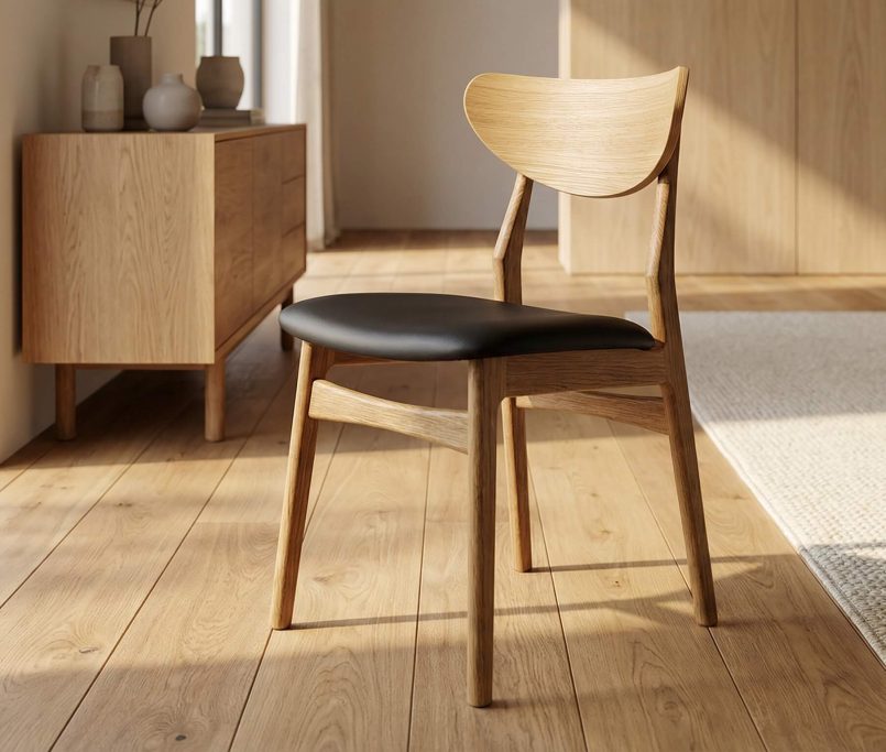 Hyperrealistische Interioraufnahme, die zeigt, wie man Eiche Holzqualität richtig beurteilen kann, mit klarer Maserung und warmem Licht.