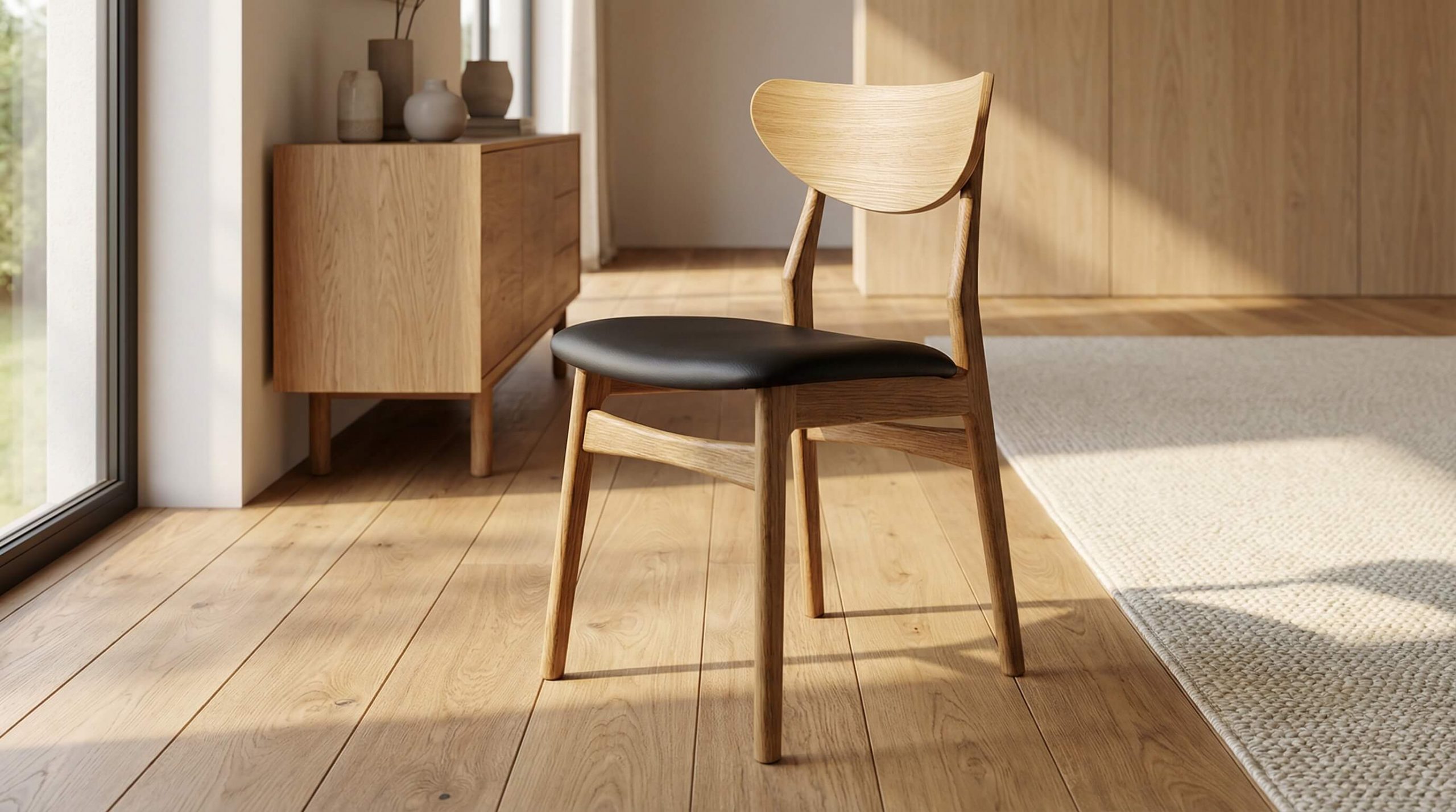 Hyperrealistische Interioraufnahme, die zeigt, wie man Eiche Holzqualität richtig beurteilen kann, mit klarer Maserung und warmem Licht.