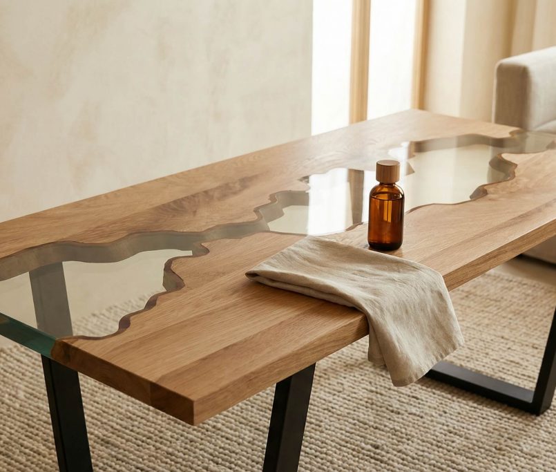 Hyperrealistische Szene zeigt Eiche Pflege Anleitung Möbel in warmem, minimalistischen Interior mit edler Holzmaserung.