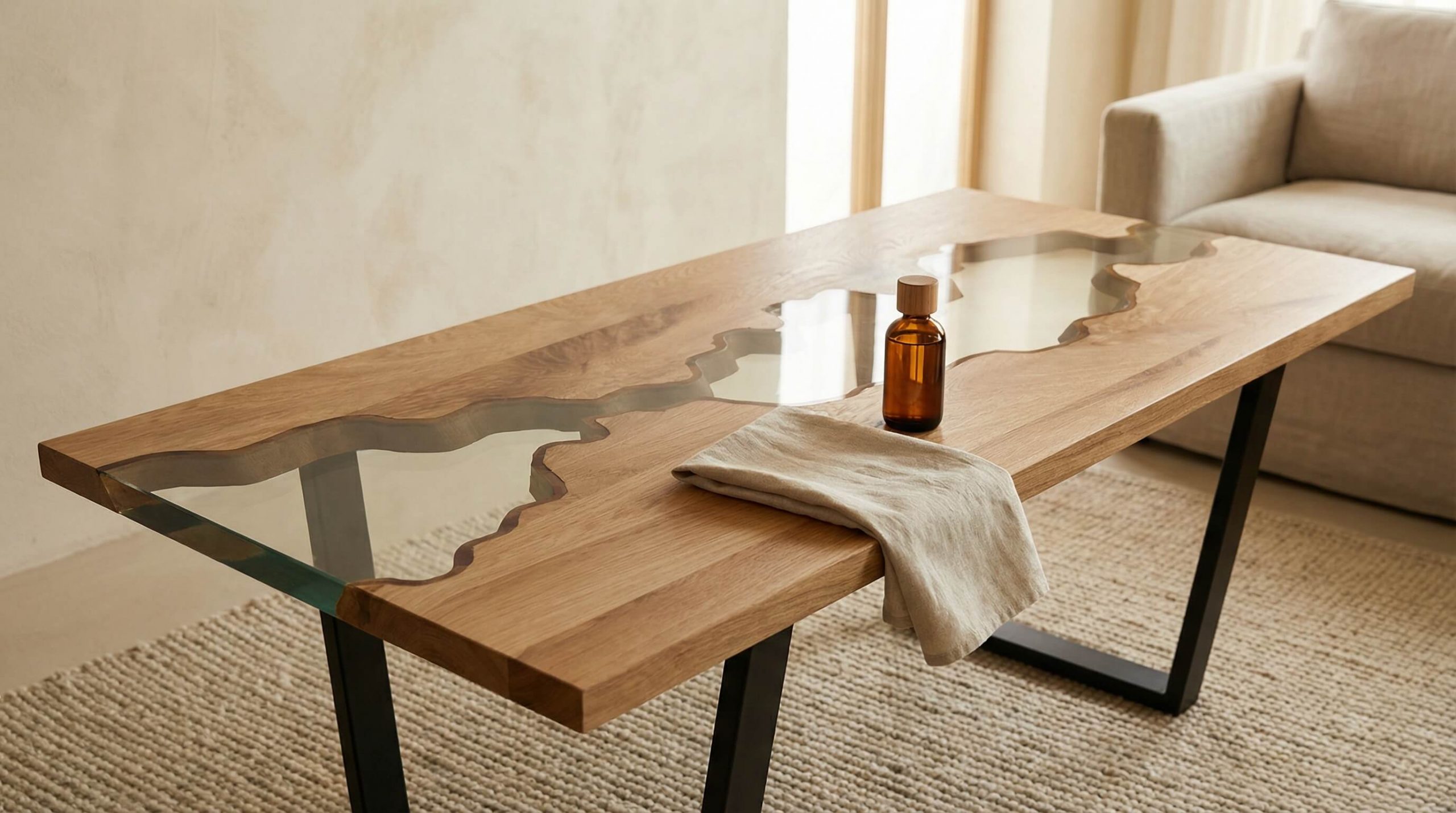 Hyperrealistische Szene zeigt Eiche Pflege Anleitung Möbel in warmem, minimalistischen Interior mit edler Holzmaserung.