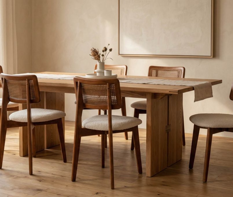 Hyperrealistische Szene zeigt Eichenholz Qualität Merkmale Premium Möbel in warmem, minimalistischem Interior.