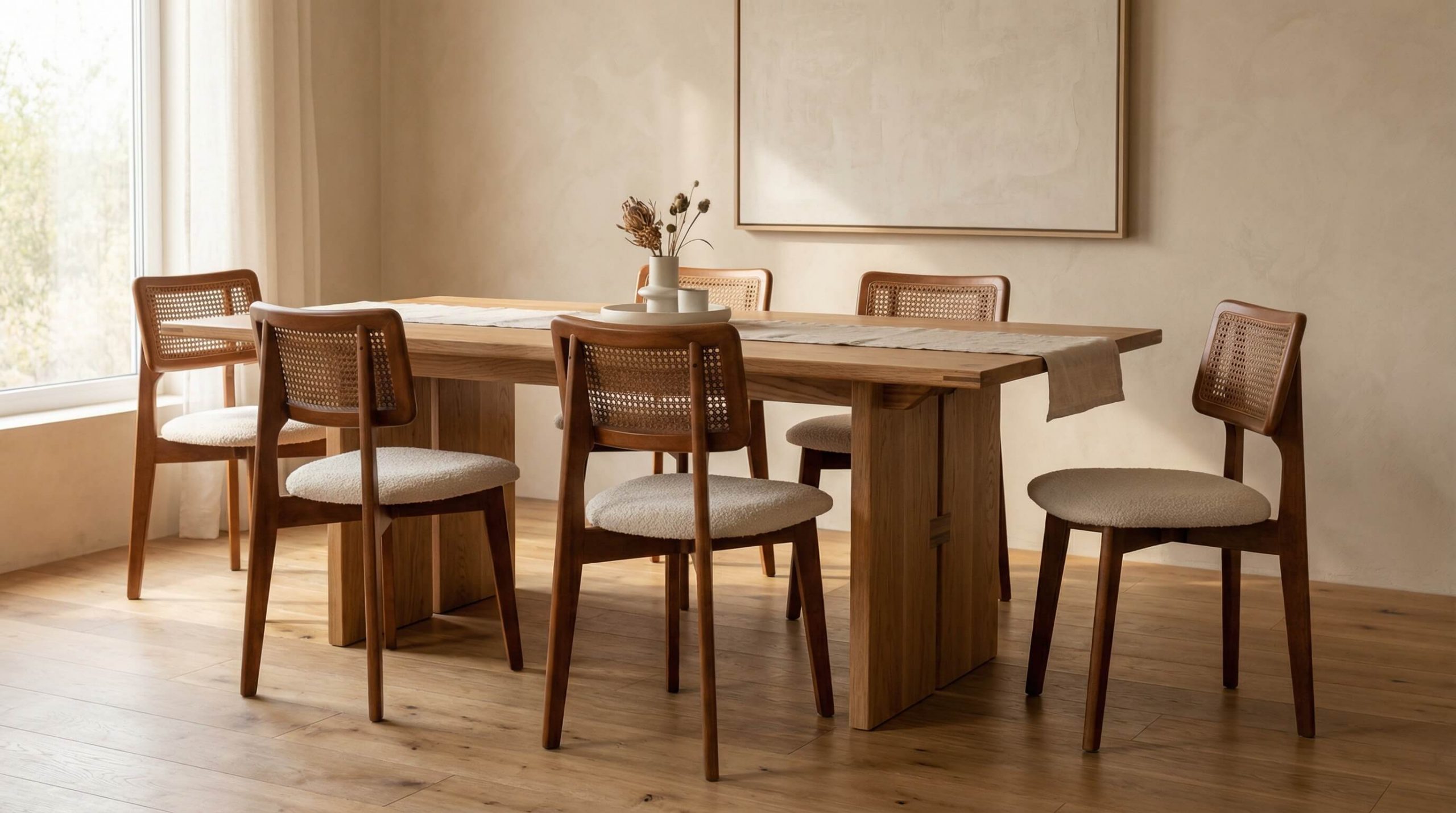 Hyperrealistische Szene zeigt Eichenholz Qualität Merkmale Premium Möbel in warmem, minimalistischem Interior.