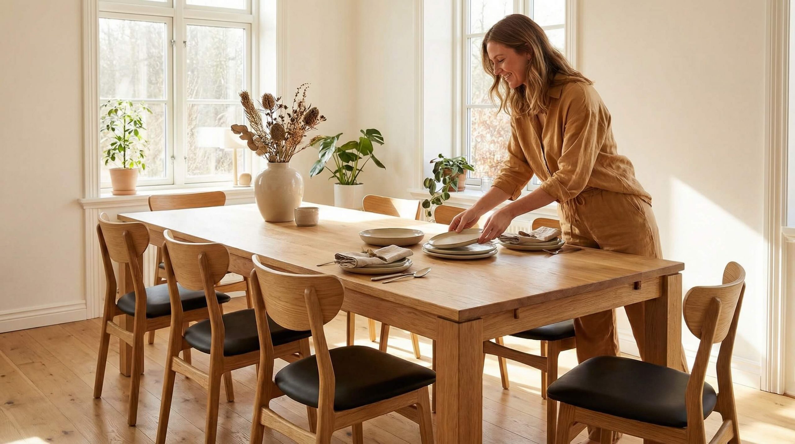 Essbereich mit massivem Eichentisch und natürlichem Tageslicht, Fokus auf Holzstruktur – Eiche Holzqualität richtig beurteilen.