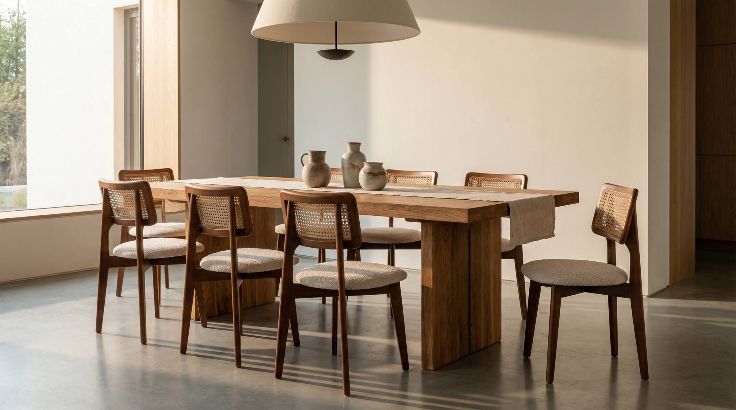 Moderner Essbereich mit sichtbarer Eichenholz Qualität Merkmale Premium Möbel und weichem Licht für eine hochwertige Wohnatmosphäre.