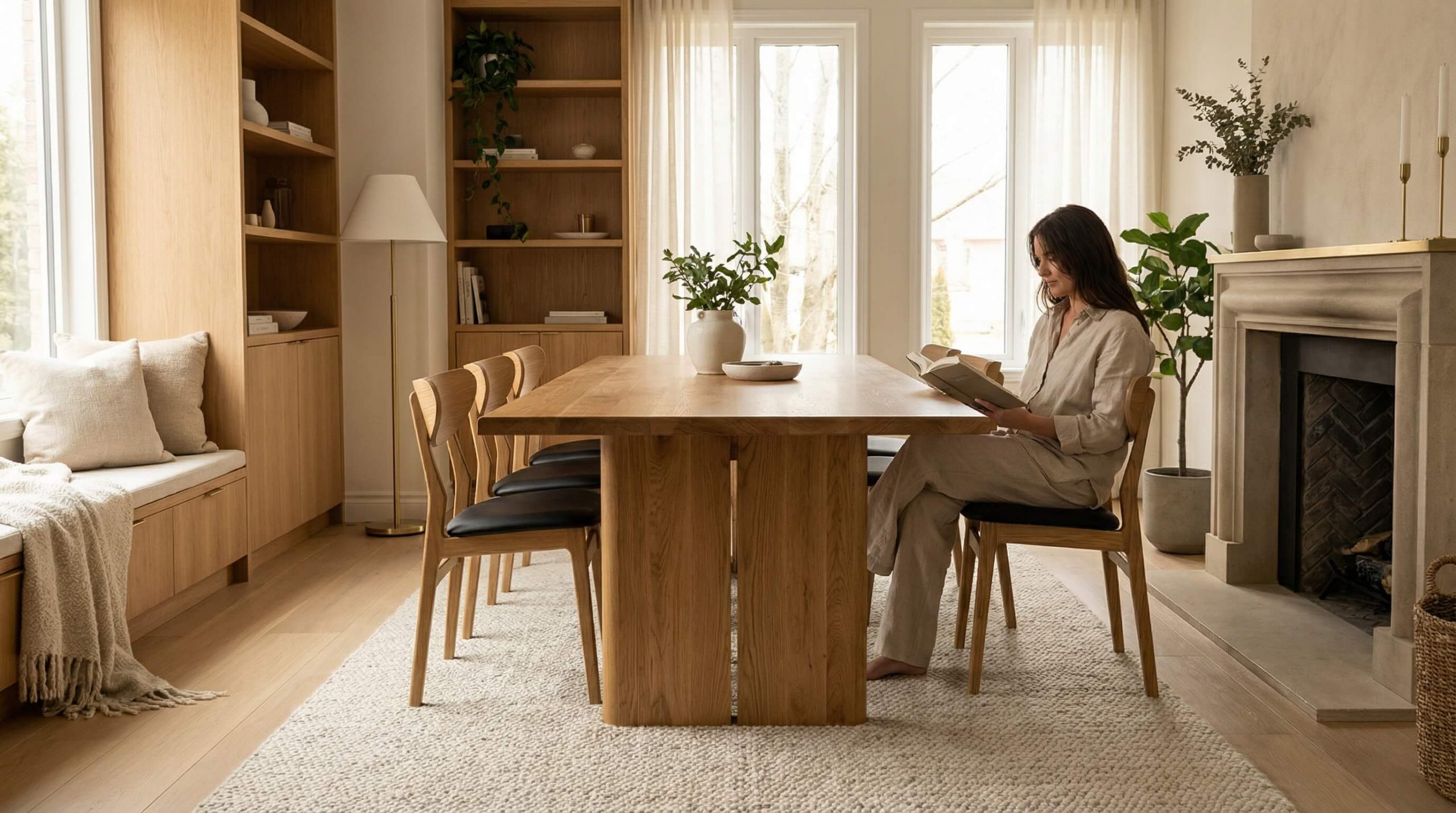 Helles Wohnzimmer mit Eichenholz und harmonischen Farb Material Kombinationen Eichenholz in warmem Tageslicht