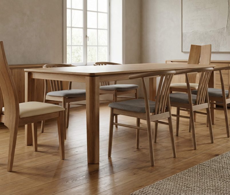 Hyperrealistisches 16:9 Interieur mit ergonomische Esszimmerstühle gesundes Sitzen aus edlem Eichenholz in warmer Premium-Atmosphäre.