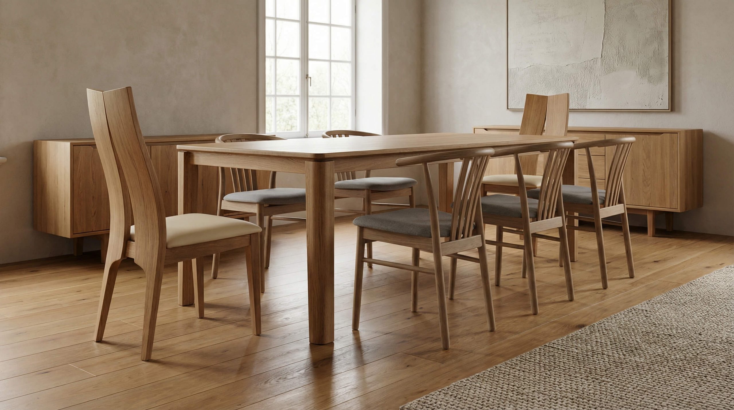 Hyperrealistisches 16:9 Interieur mit ergonomische Esszimmerstühle gesundes Sitzen aus edlem Eichenholz in warmer Premium-Atmosphäre.