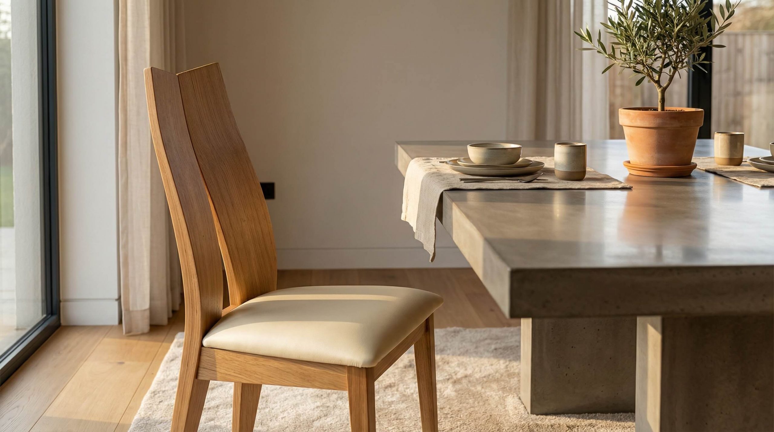 Hyperrealistischer Innenraum mit ergonomischer Massivholz Esszimmerstuhl Komfort, warmem Licht und hochwertiger Eichenstruktur.