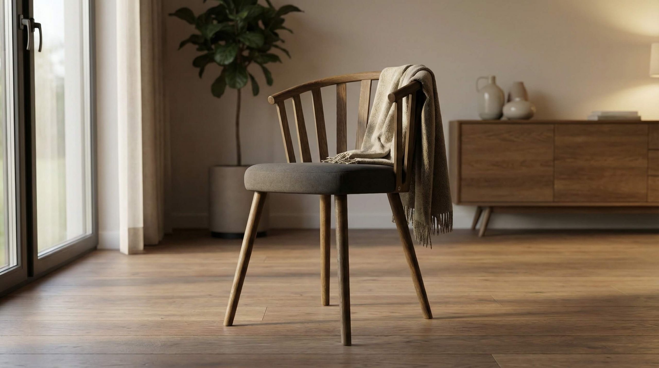 Ergonomisches Sitzen im Alltag verstehen in einer warmen, minimalistischen Szene mit hochwertigem Eichenholz und ergonomischem Stuhl.