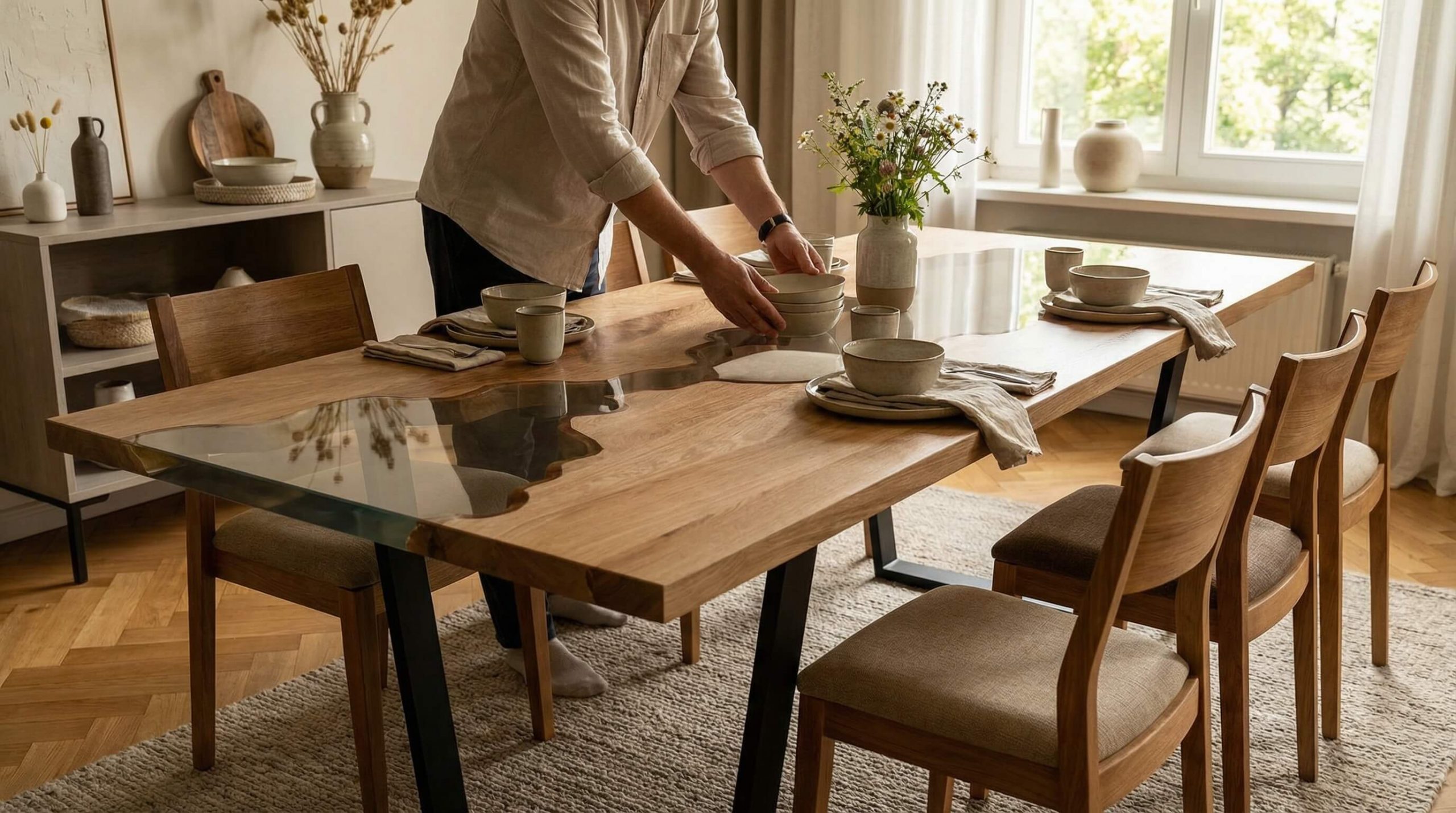 Moderner Essbereich aus massiver Eiche mit harmonischer Lichtführung und dezenter Eiche Pflege Anleitung Möbel Anmutung.