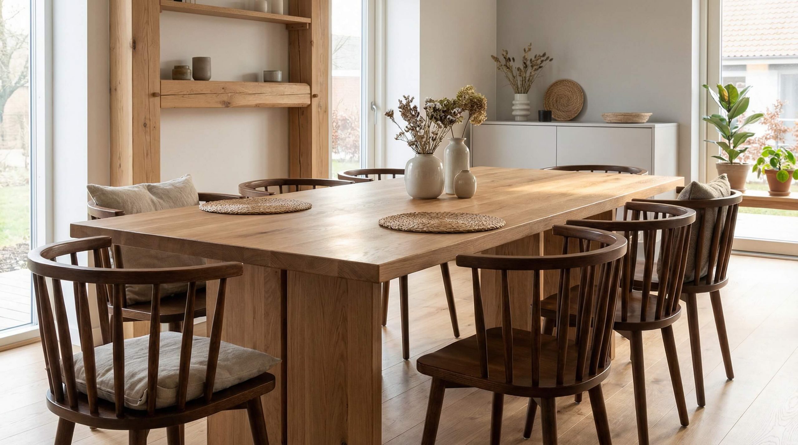 Moderner Essbereich im skandinavischen Einrichtungsstil mit Eiche, natürlichem Licht und klarer Raumruhe.