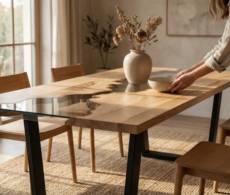 Hyperrealistische Interior-Szene, die Esstisch Größe optimale Maße durch warmes Eichenholz, klare Proportionen und minimalistisches Design zeigt.