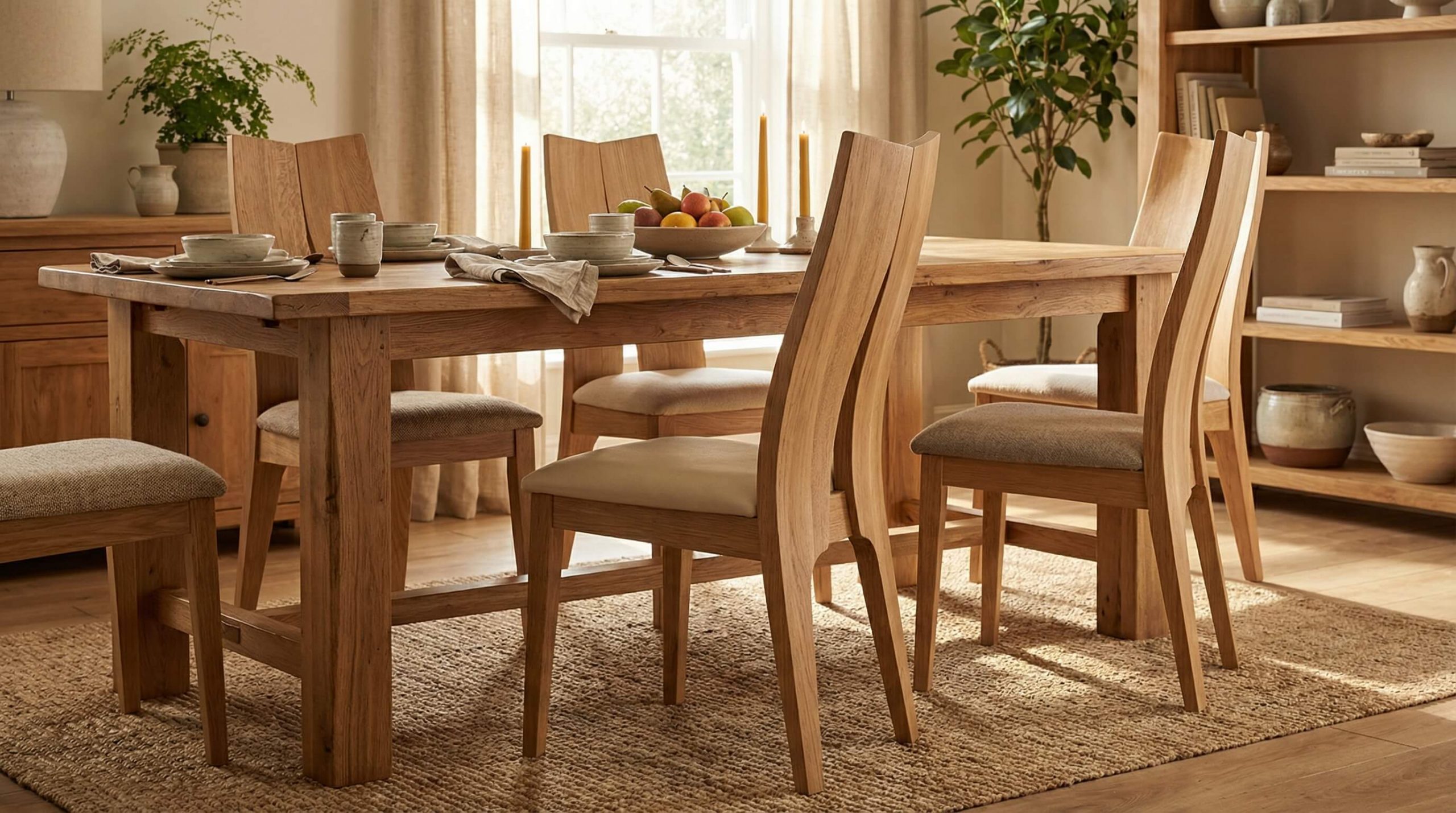 Esszimmeraufnahme mit ergonomischer Massivholz Esszimmerstuhl Komfort, natürlichem Licht und hochwertigem Eichenholzambiente.