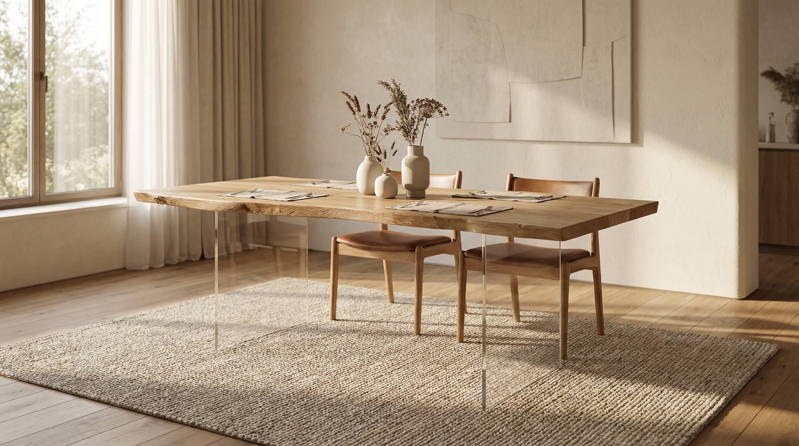 Hyperrealistisches Interieur zur Inspiration für Esszimmer Tischgröße planen mit warmem Eichenholz und klaren Proportionen.