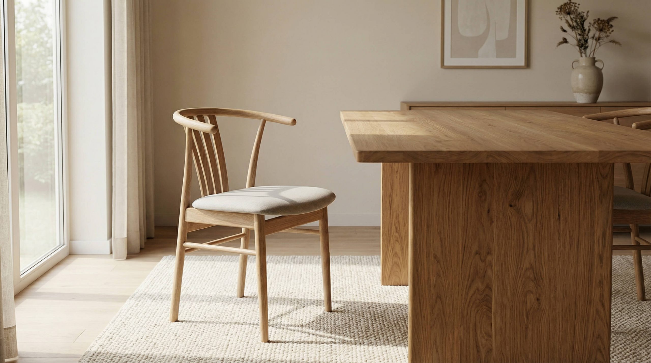 Hyperrealistisches Interior mit Fokus auf Esszimmerstuhl Materialien richtig auswählen in warmem, minimalistischen Eichenholz-Setting.