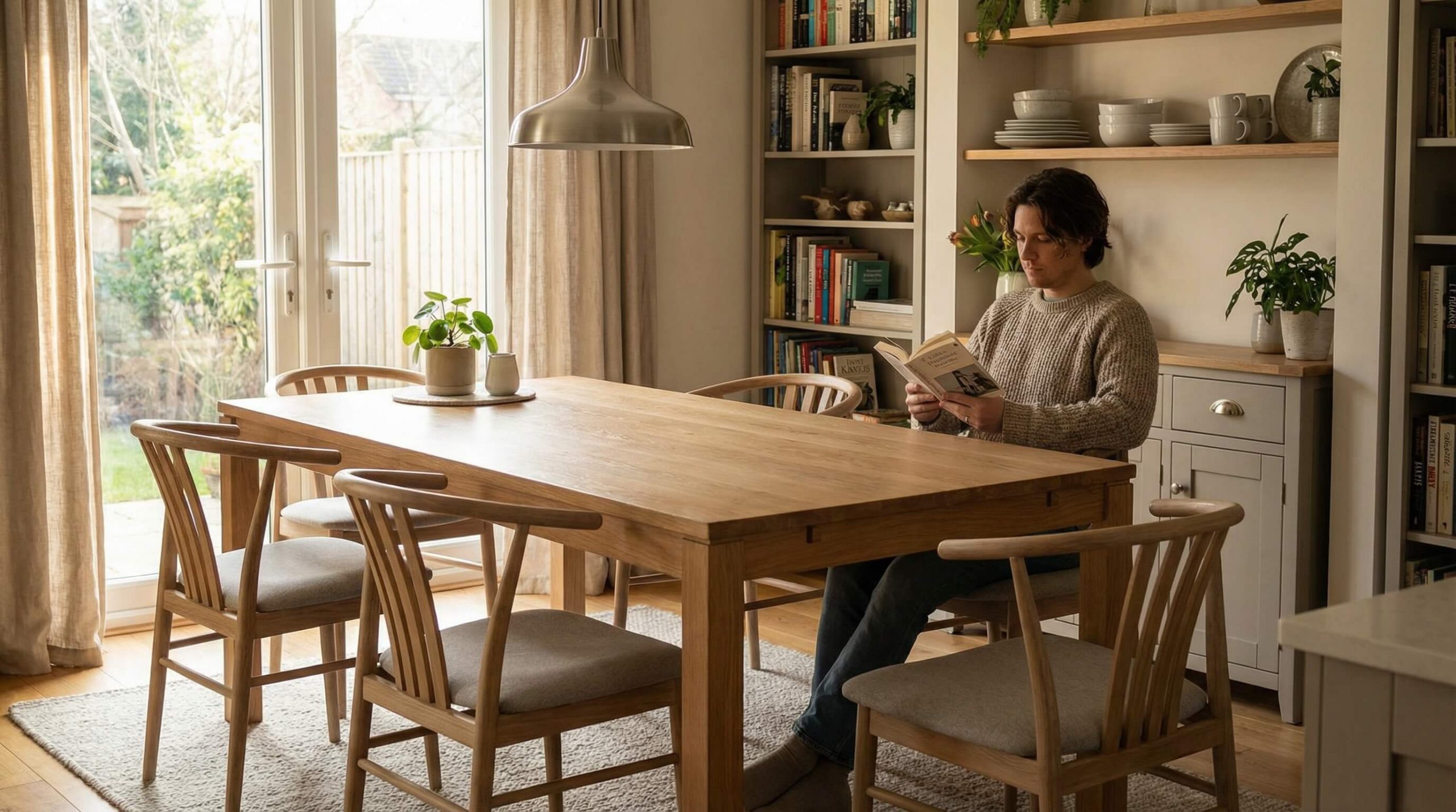Moderner Familien-Essbereich mit Eichenstuhl und Materialmix, ideal um Esszimmerstuhl Materialien richtig auswählen zu können.