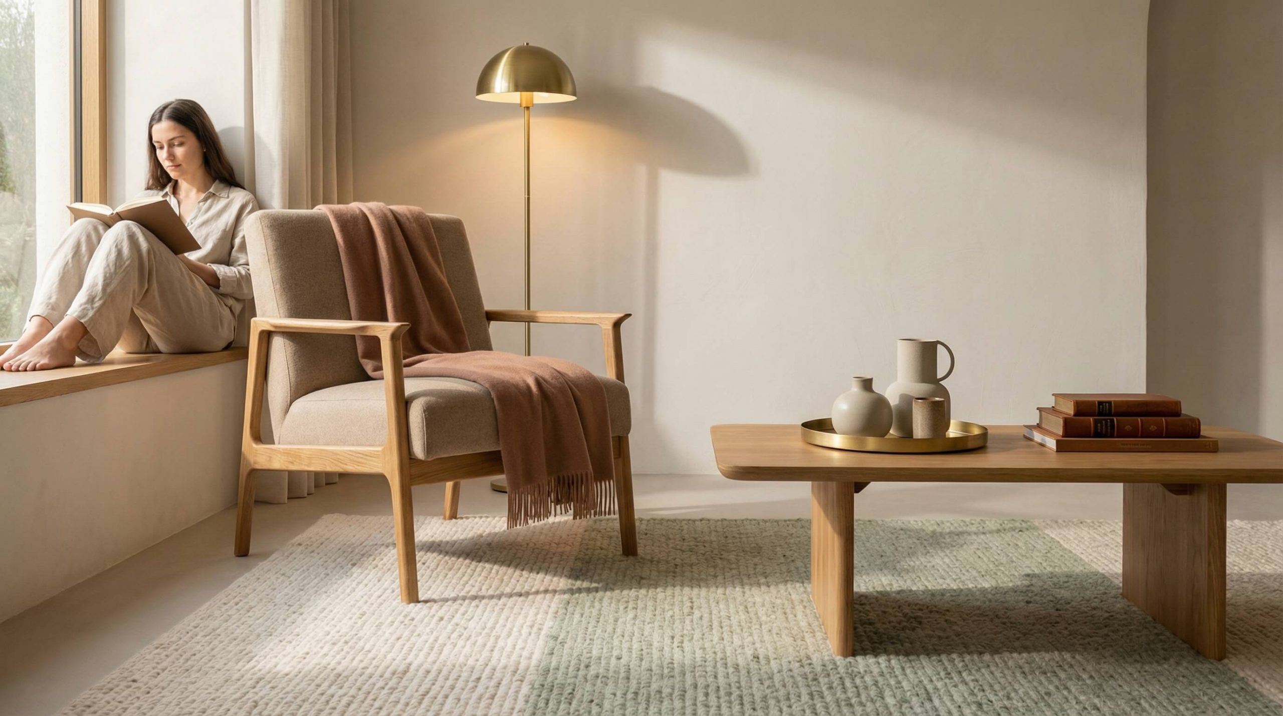 Hyperrealistisches Interior mit Farb Material Kombinationen Eichenholz, warmem Licht und hochwertigen Materialien.