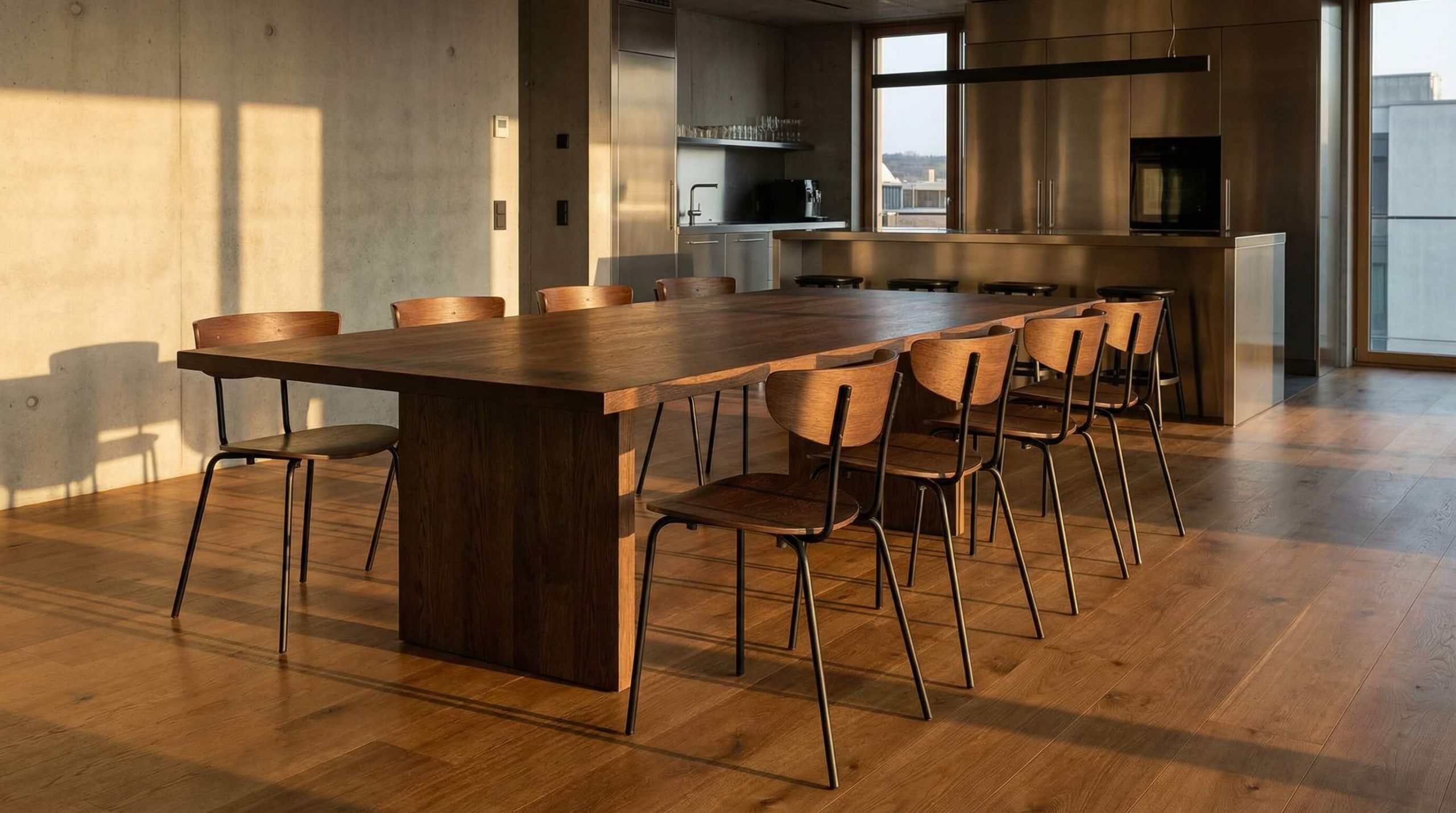 Modernes Layout für Gastronomie Möbel Auswahl planen, mit massivem Eichentisch und klarer Raumwirkung.