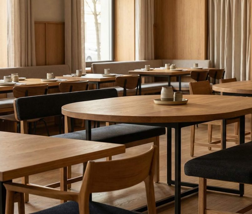 Hyperrealistisches Interior zur Gastronomie Möbel Auswahl planen mit warmem Eichenholz, klaren Strukturen und moderner Atmosphäre.