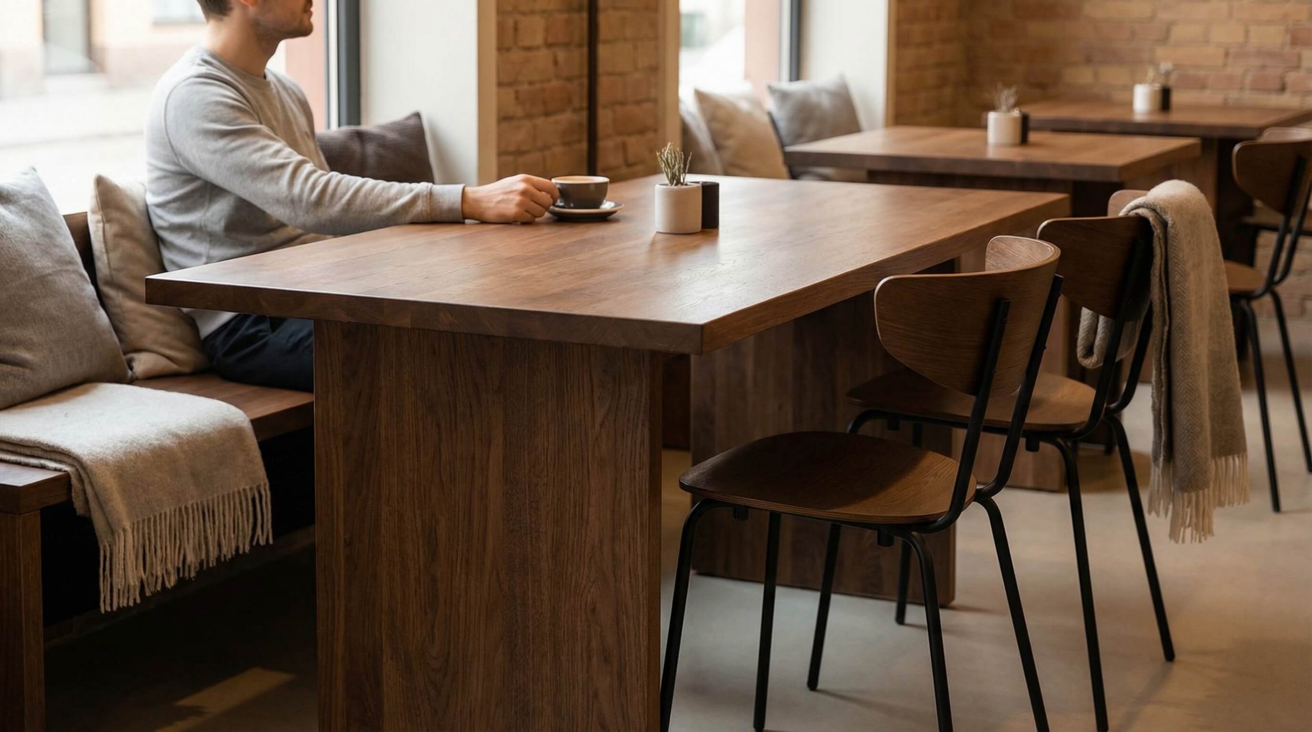 Eleganter Sitzbereich zur Gastronomie Möbel Auswahl planen, mit Holzstruktur und sanfter Beleuchtung.