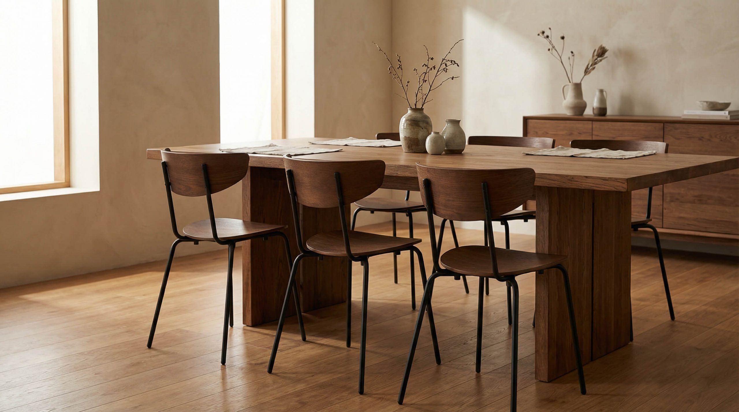 Hyperrealistische Interior-Szene mit Fokus auf Gastronomie Stuhlwahl Komfort Langlebigkeit, warmes Holz und hochwertige Materialien.