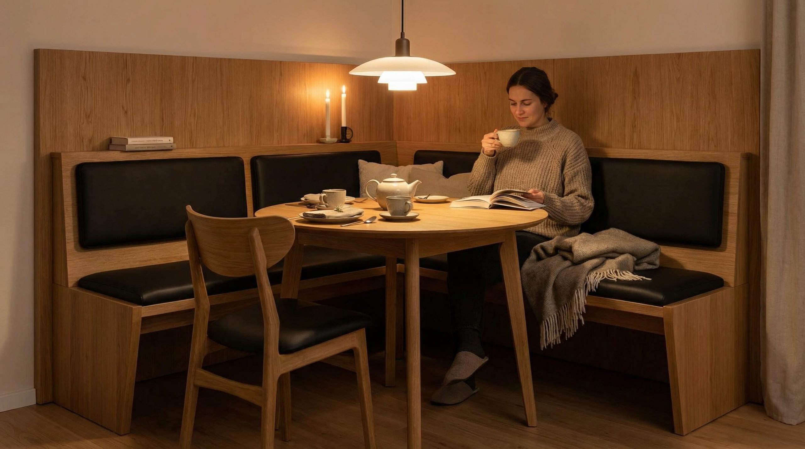 Gemütliche Sitzecke zeigt, wie Sie Ergonomie Esszimmer richtig umsetzen – mit harmonischer Beleuchtung und hochwertigem Holz.