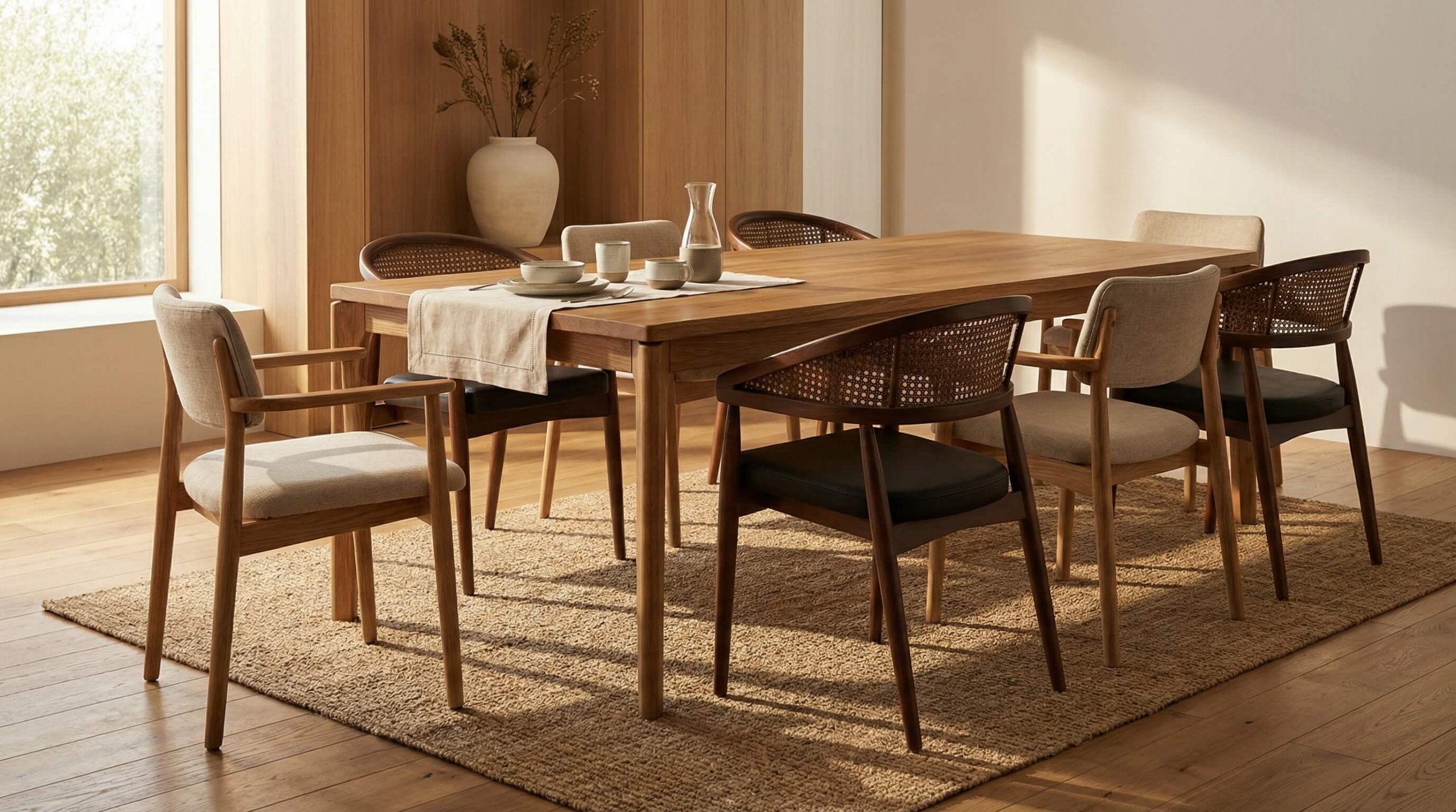 Hyperrealistisches Esszimmer mit gemischten Stuhlmodellen, die sich stilvoll ergänzen – Stuhlsets Esszimmer harmonisch kombinieren.