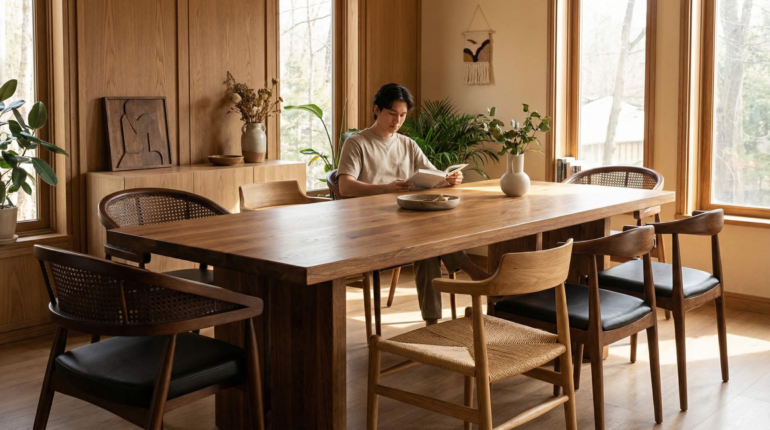 Modernes Esszimmer mit gemischten Stuhlsets aus Eiche, warmem Licht und natürlicher Atmosphäre – Stuhlsets Esszimmer harmonisch kombinieren.