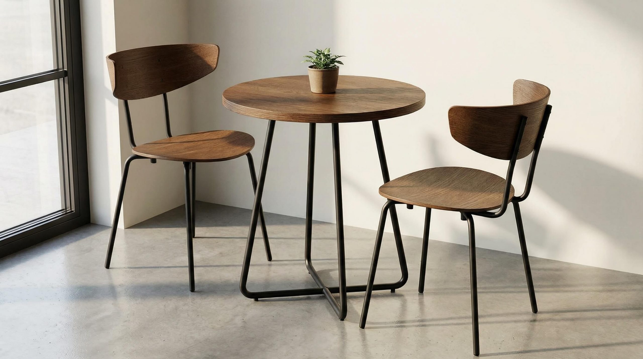 Helle Café-Ecke mit harmonischer Gastronomie Stuhlwahl Komfort Langlebigkeit und natürlicher Eichenmöblierung in weichem Tageslicht.