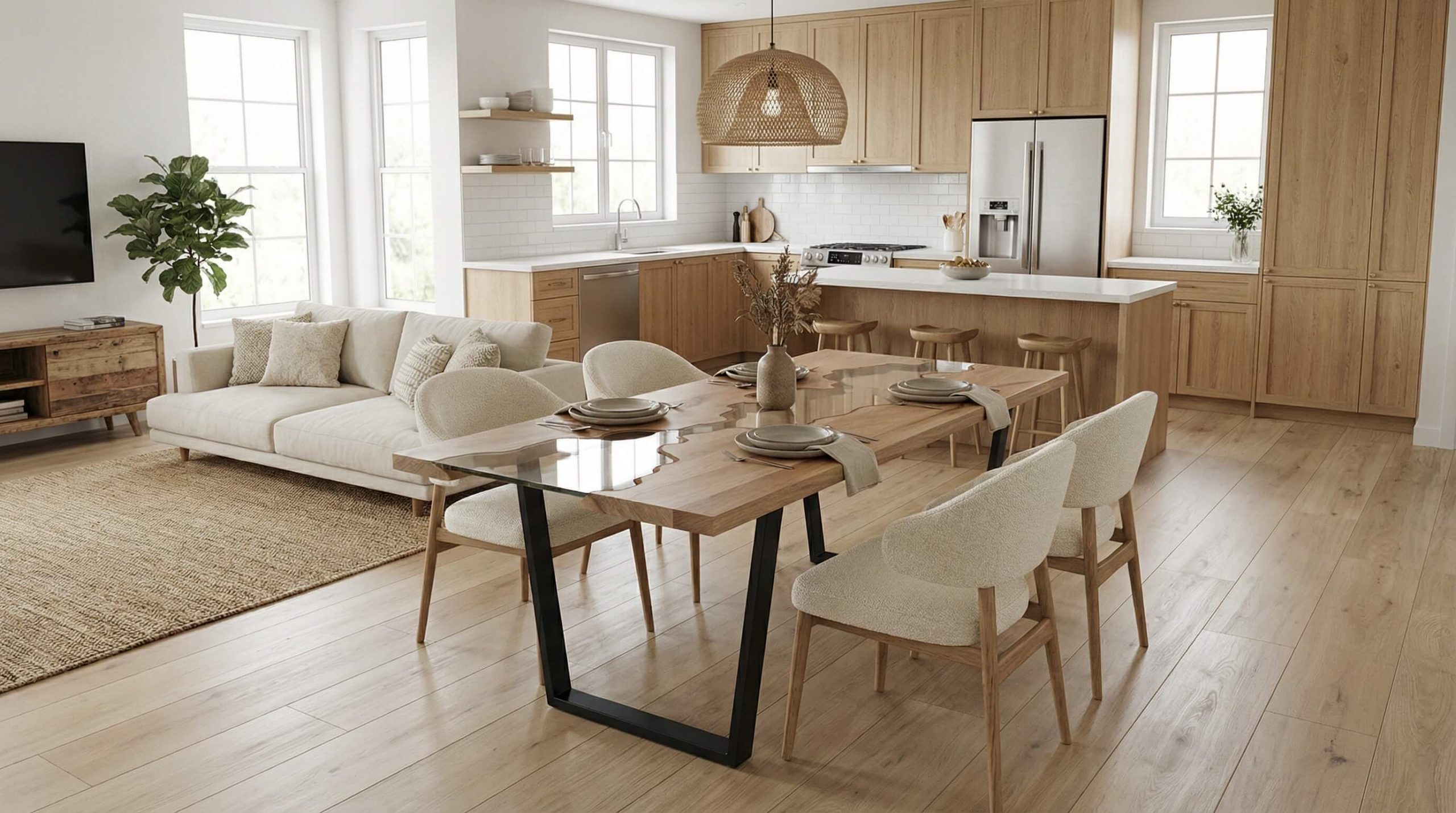 Helle Wohnküche mit elegantem Treesure-Eichentisch und Fokus auf Esstisch Größe optimale Maße.