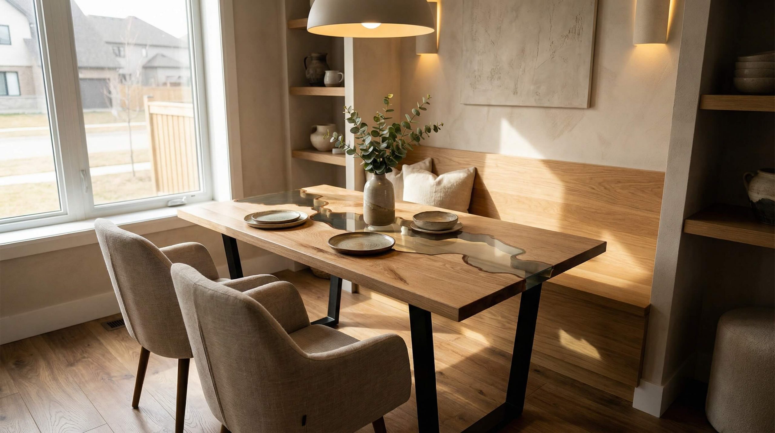 Helles, modernes Esszimmer mit kompaktem Massivholz Esstisch Auswahl kleine Räume, warmes Licht und natürlicher Eichenoptik.