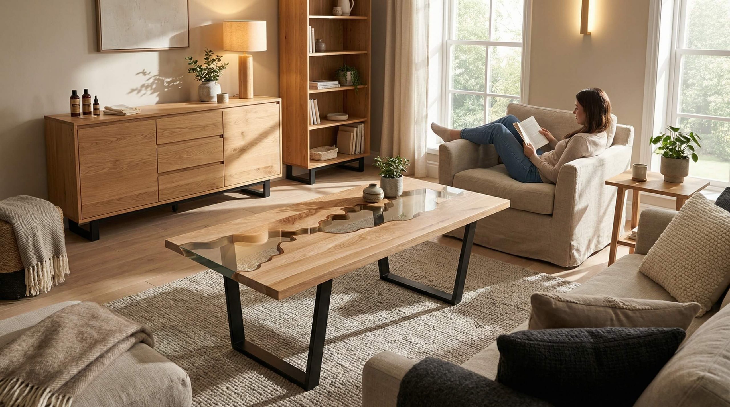 Helles Wohnzimmer mit gepflegten Eichemöbeln, warmem Tageslicht und harmonischer Einrichtung – Eiche Pflege Anleitung Möbel integriert.