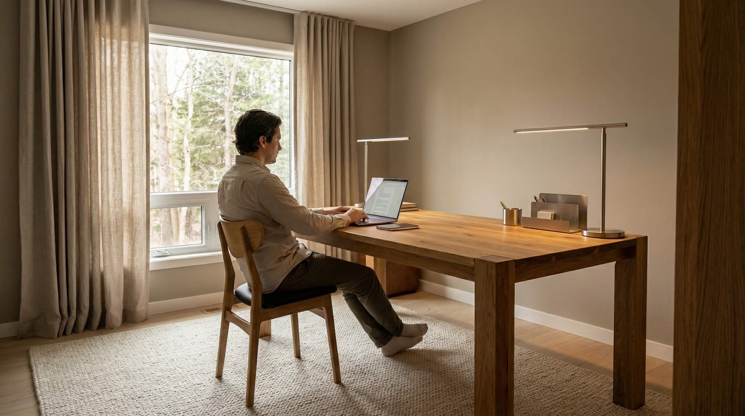 Home Office mit Eichenholz und sanften Farb Material Kombinationen Eichenholz in natürlicher Lichtstimmung
