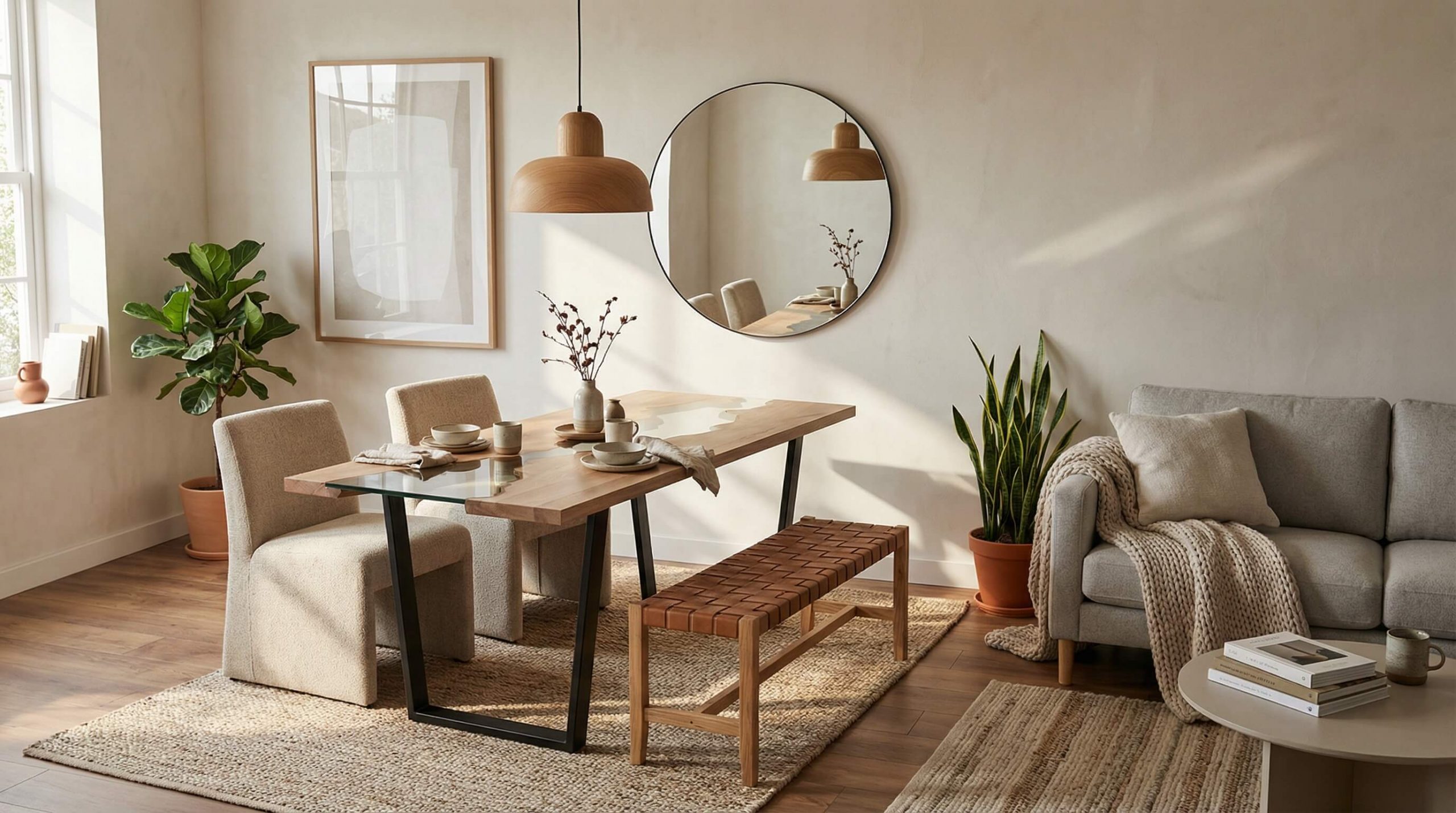 Kleiner Wohn-Essbereich mit schmalem Eichen-Massivholz Esstisch Auswahl kleine Räume und sanftem warmem Tageslicht.