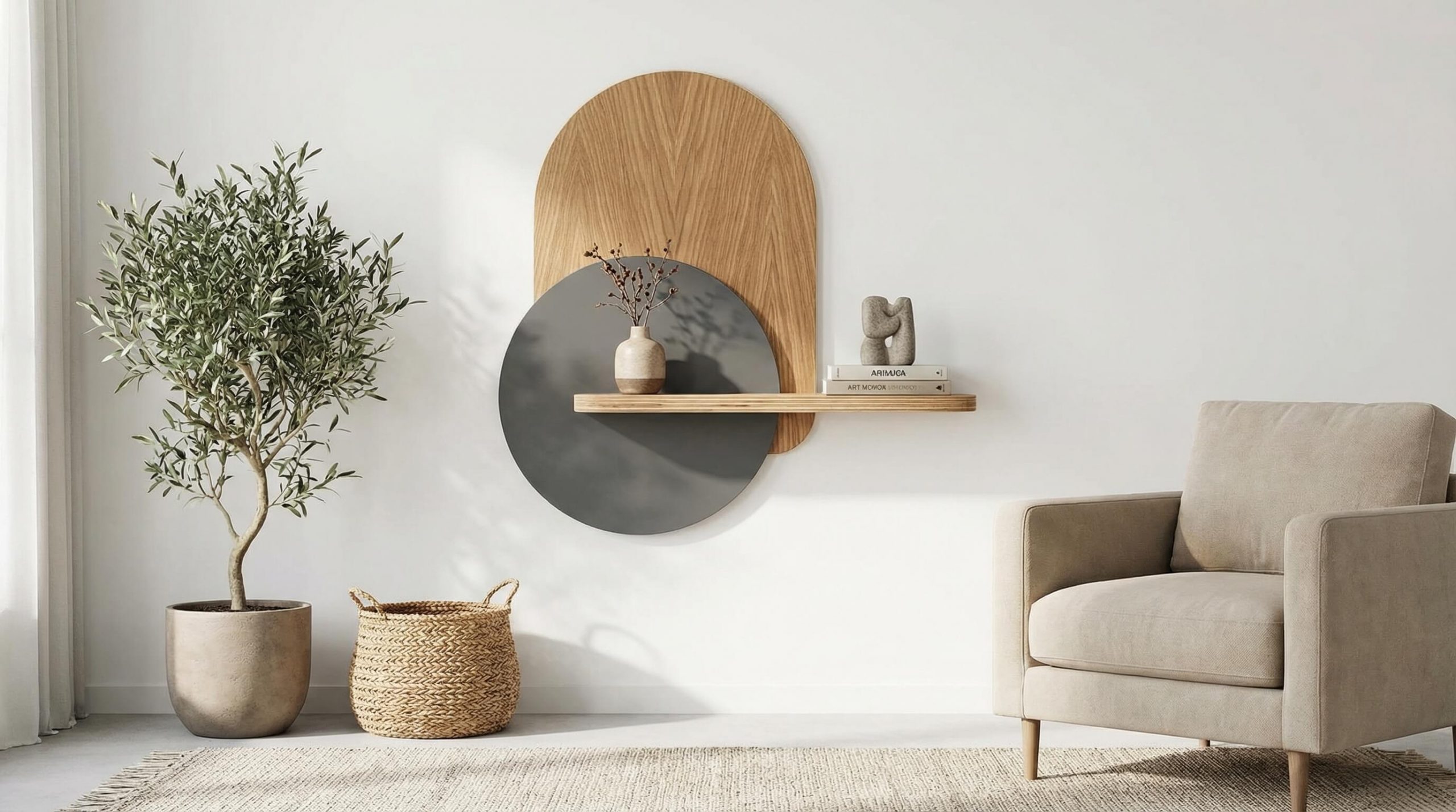 Stauraum Regalideen modernes Wohnen mit einem offenen luftigen Eichenregal als zentrales Gestaltungselement.