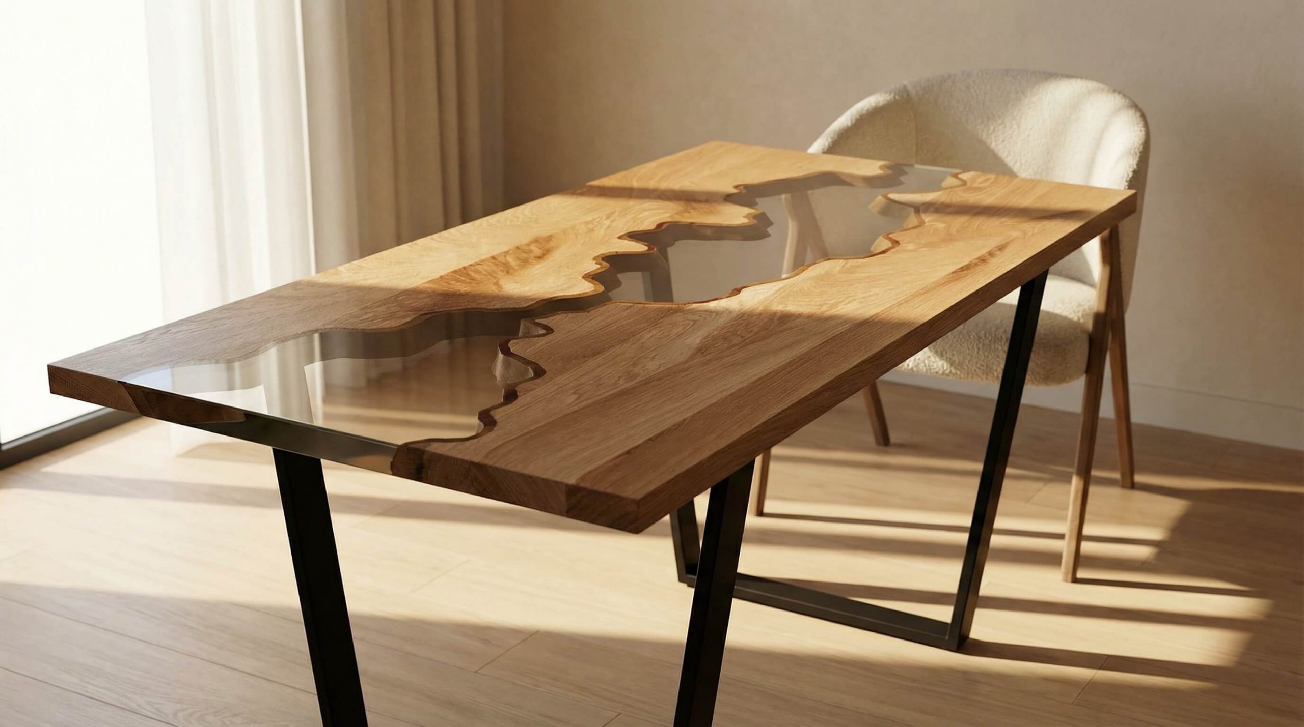 Hyperrealistisches Interior mit Massivholz Esstisch Auswahl kleine Räume, warmem Licht und klarer Eichenmaserung.