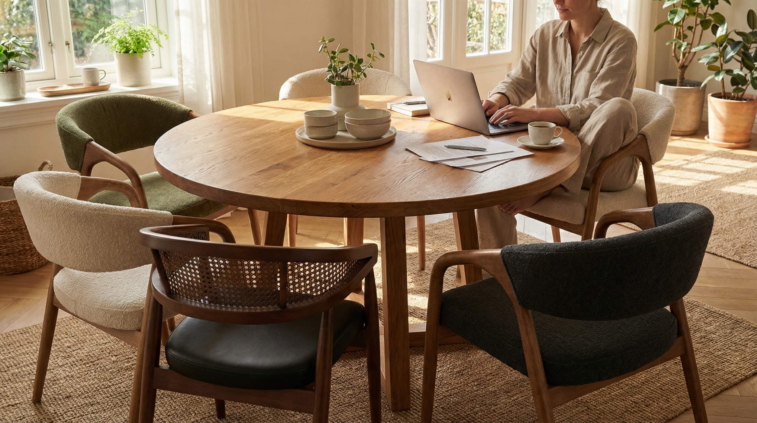 Helles Esszimmer im Materialmix aus Eiche und Stoff mit stilvoll gemischten Stuhlsets – Stuhlsets Esszimmer harmonisch kombinieren.