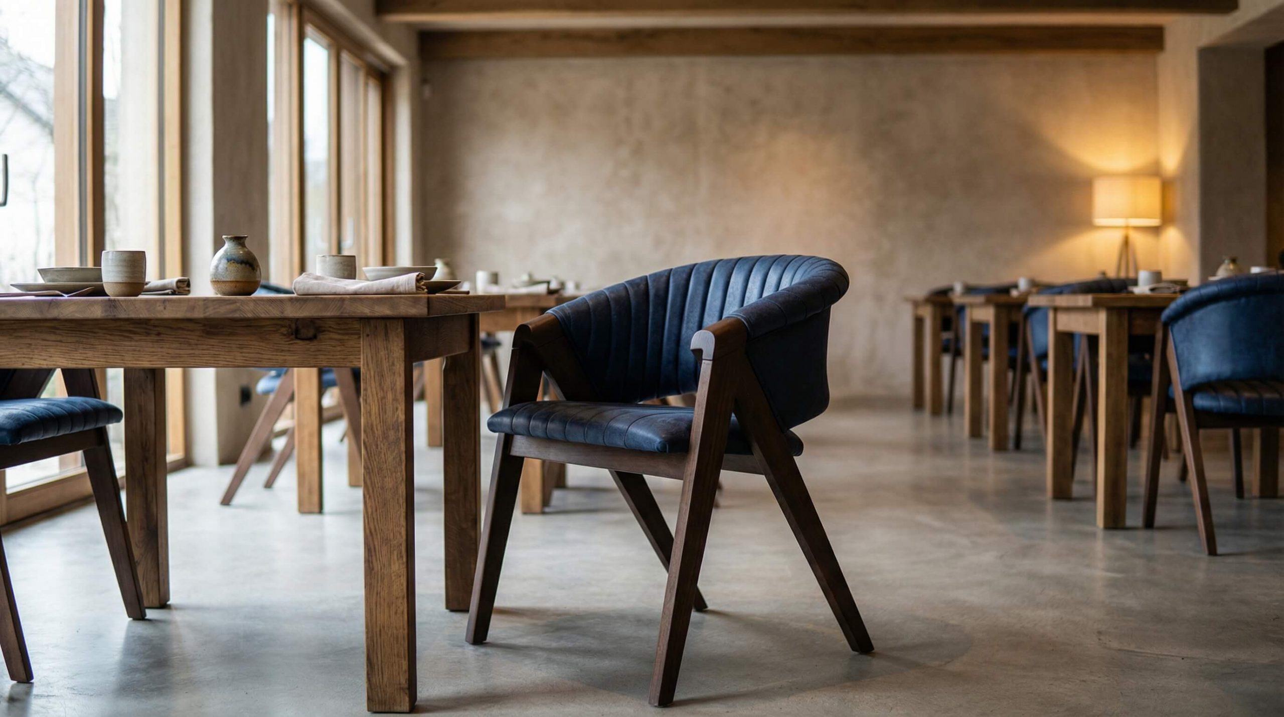 Hyperrealistischer Mila Eichenstuhl Einsatz Gastronomie Hotels in warmem Premium-Interior mit hochwertigem Eichenholz und edler Atmosphäre.