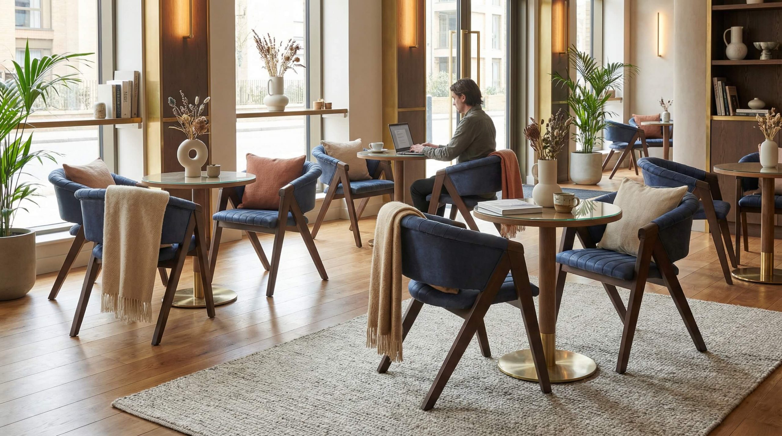Helle Hotel-Lobby-Café-Szene mit Mila Eichenstuhl Einsatz Gastronomie Hotels und natürlicher Holzoptik.