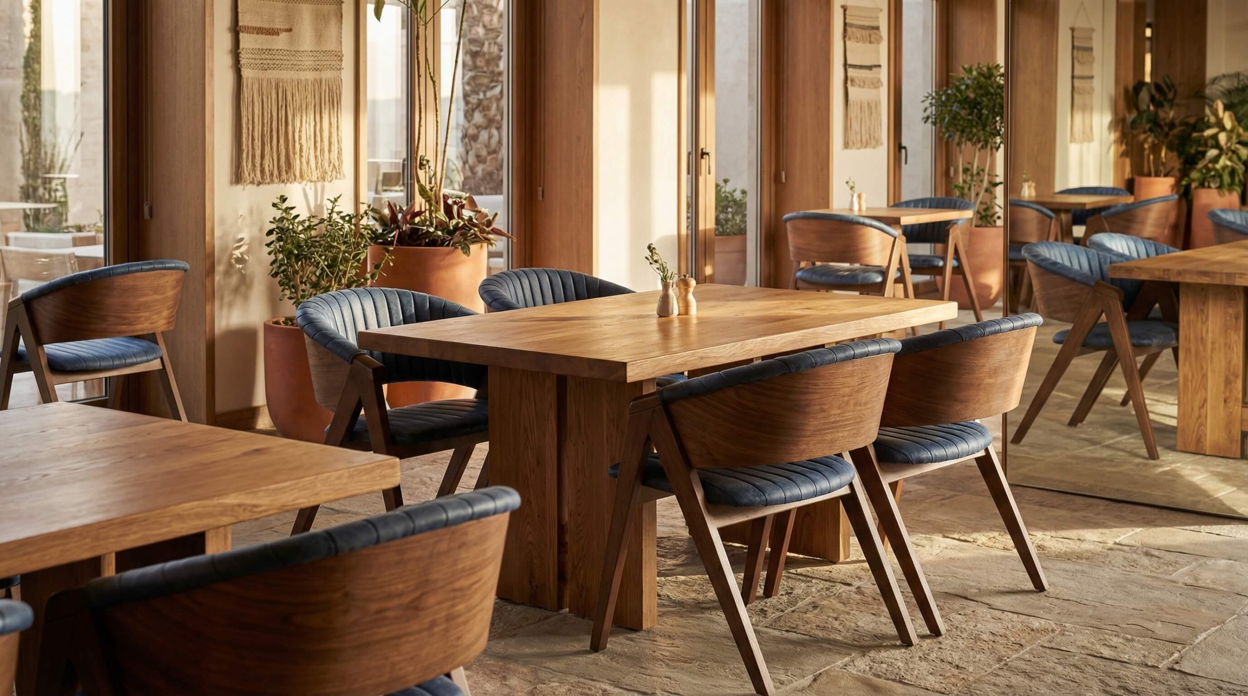 Stilvoller Hotel-Restaurantraum mit Mila Eichenstuhl Einsatz Gastronomie Hotels in natürlichem Warmlicht.