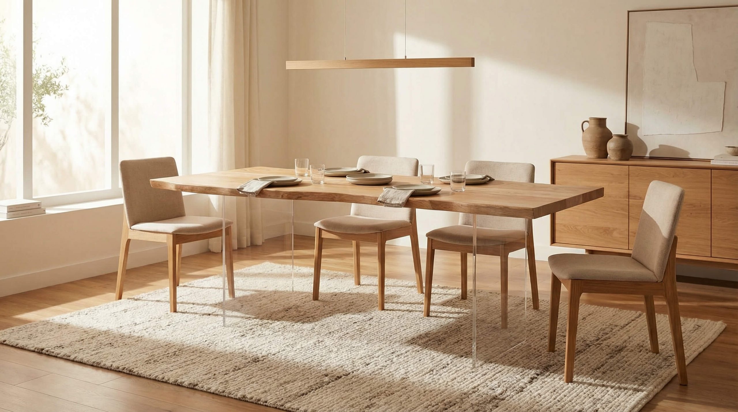 Minimalistischer Essbereich mit warmen Holzdetails und harmonischer Perspektive, perfekt um Esszimmer Tischgröße planen zu unterstützen.