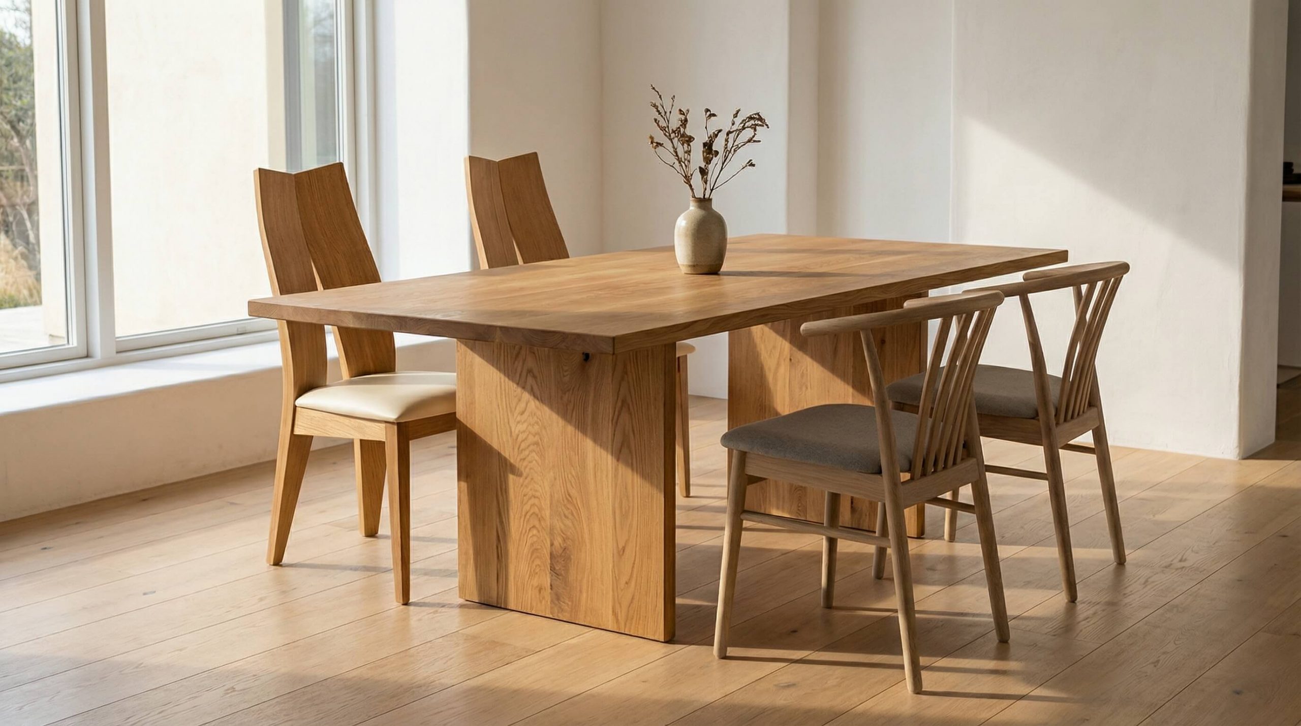 Moderner Wohnraum mit ergonomische Esszimmerstühle gesundes Sitzen aus Eiche und sanfter, natürlicher Lichtstimmung.